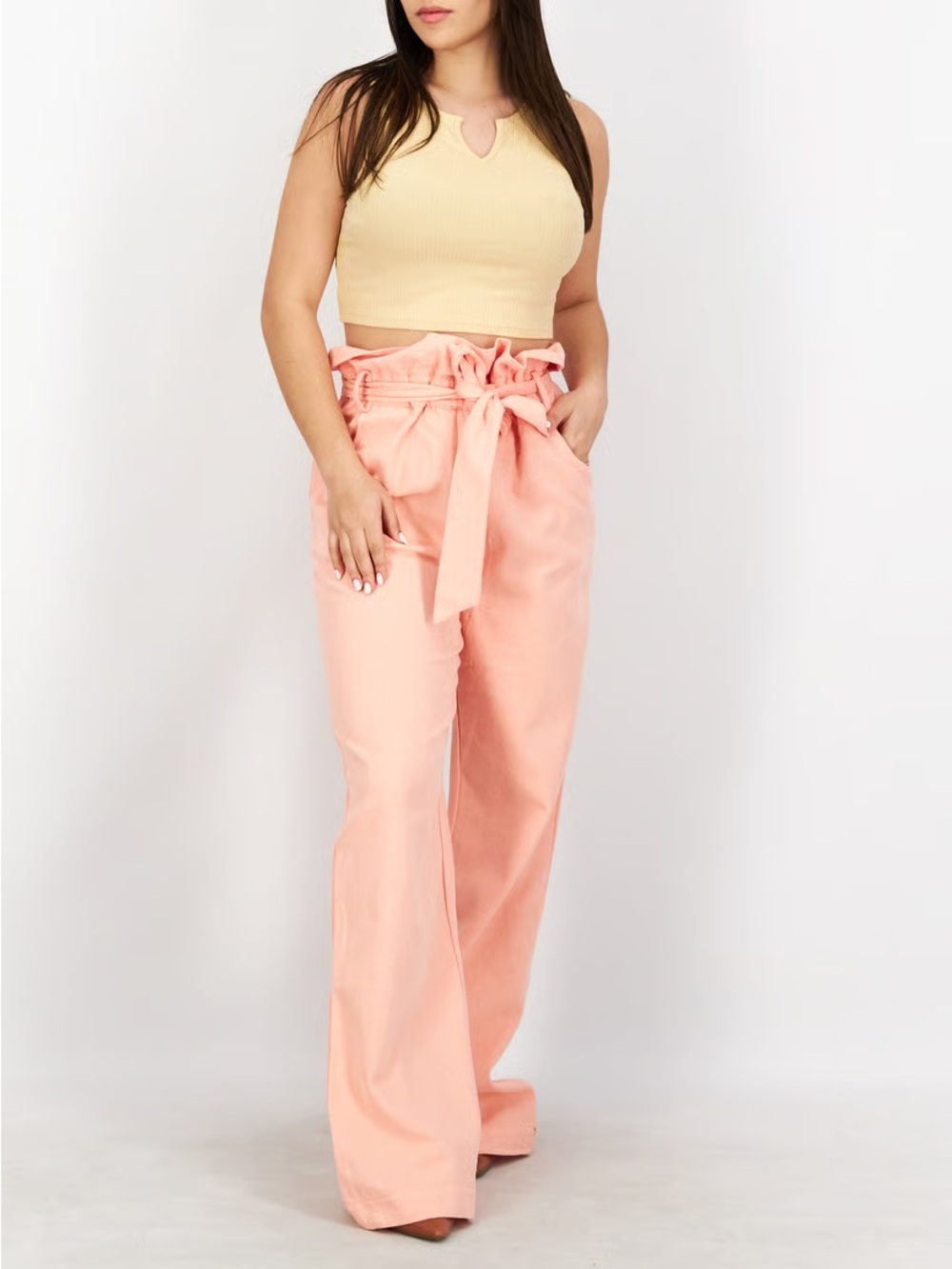 Kendall + Kylie Peach High Waist Wide Leg Paper Bag Tie Waist Cotton Pants